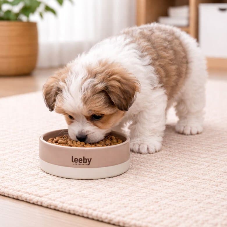 Leeby Comedero de Cerámica Marrón y Blanco para perros